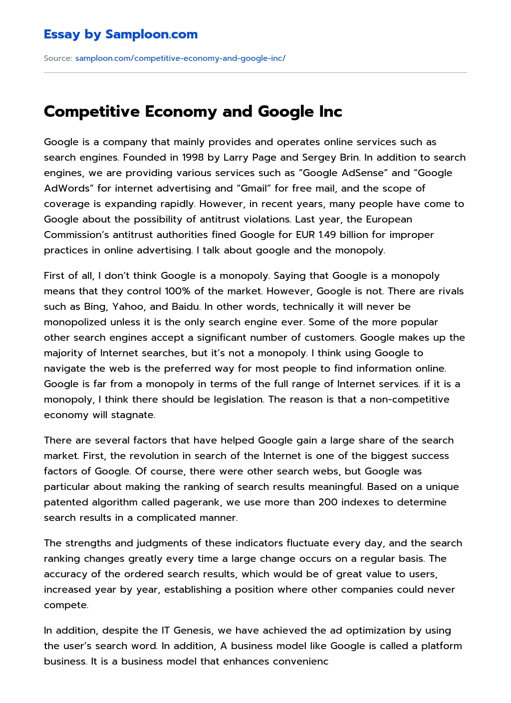 Competitive Economy and Google Inc essay