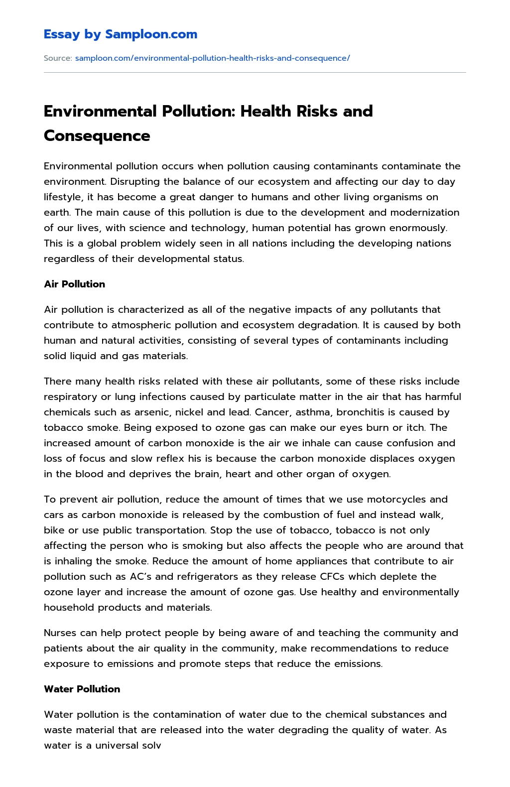 Environmental Pollution: Health Risks and Consequence Cause And Effect Essay essay