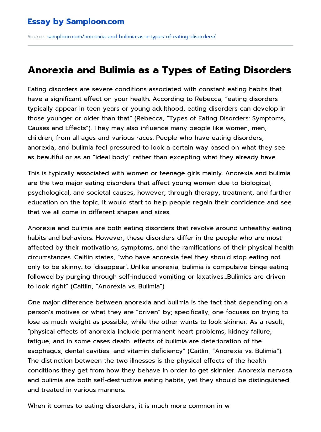 Anorexia and Bulimia as a Types of Eating Disorders essay