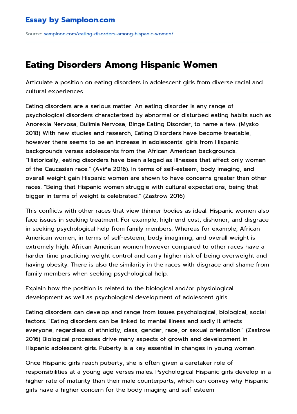 Eating Disorders Among Hispanic Women essay