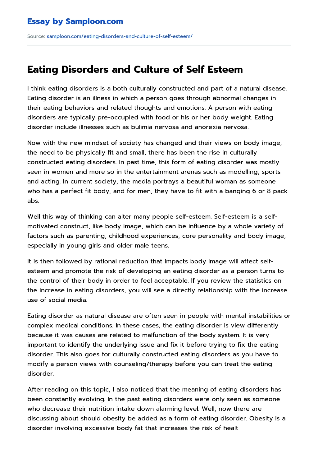 Eating Disorders and Culture of Self Esteem essay