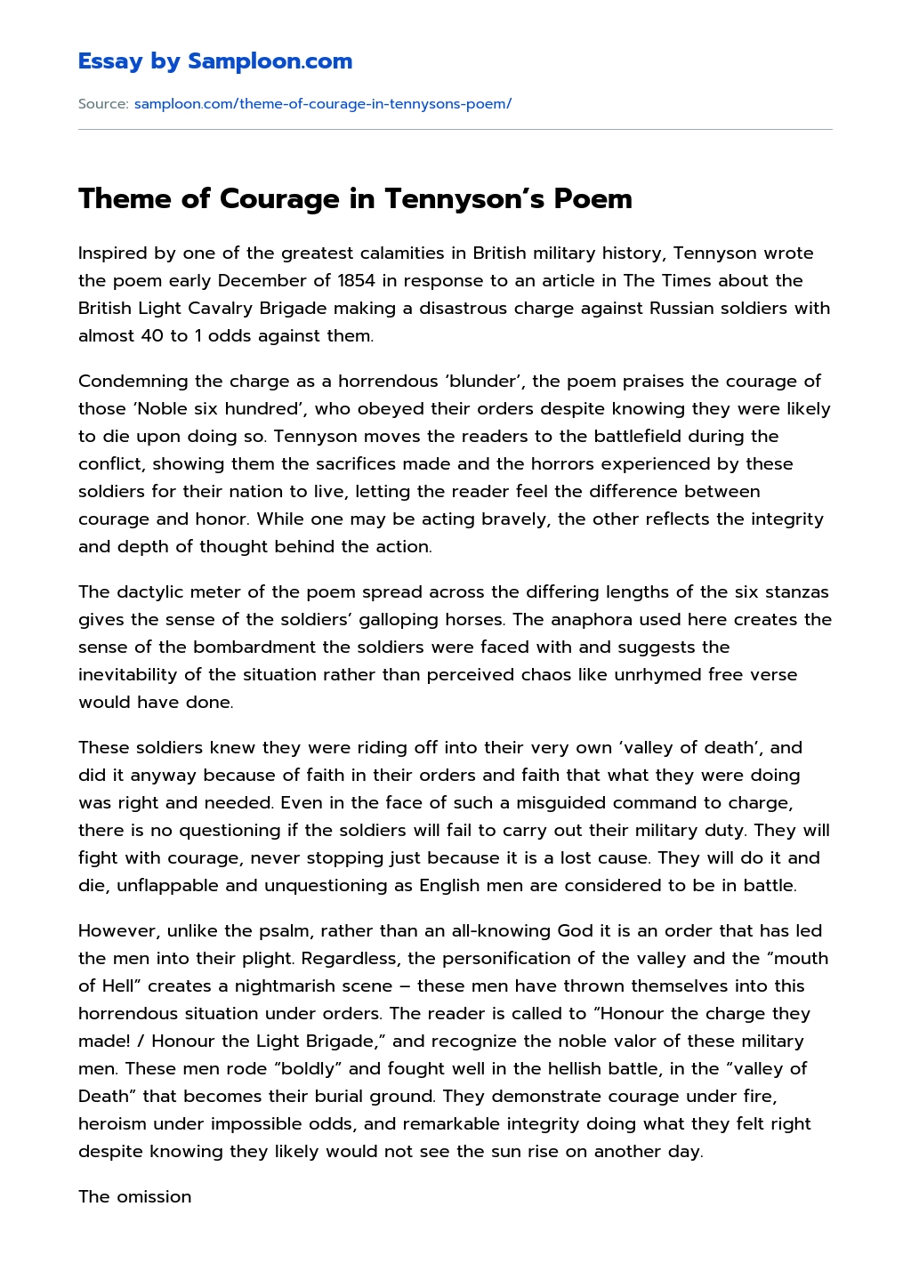 Theme of Courage in Tennyson’s Poem essay