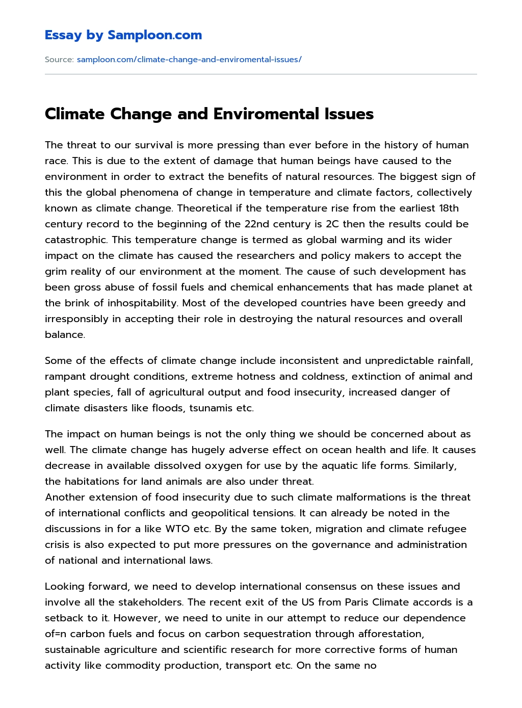 Climate Change and Enviromental Issues Argumentative Essay essay