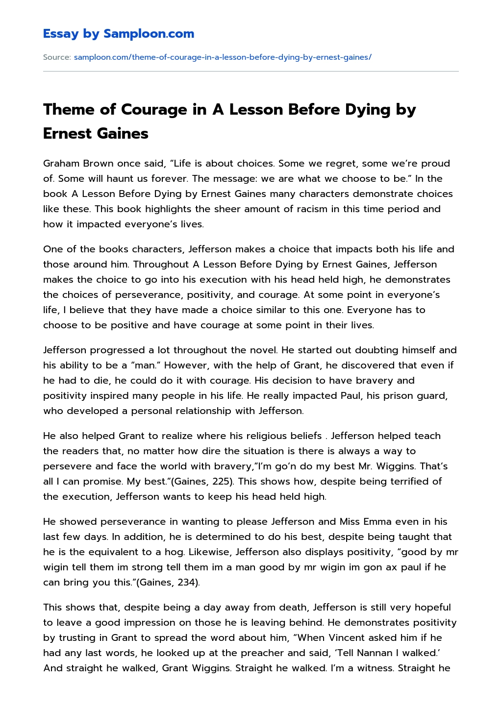 Theme of Courage in A Lesson Before Dying by Ernest Gaines essay