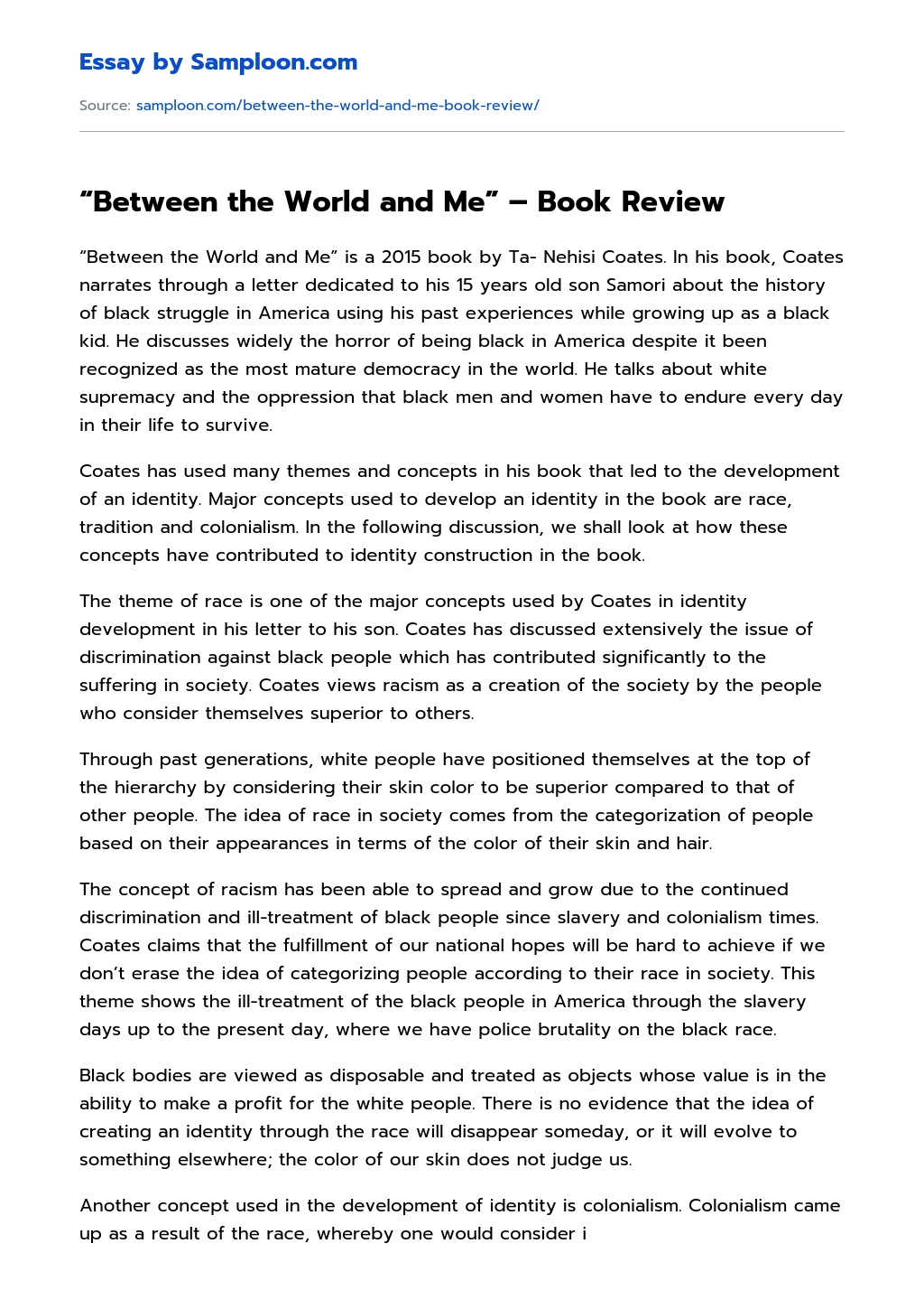 “Between the World and Me” – Book Review essay