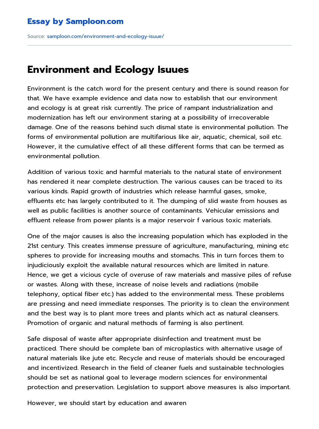 Environment and Ecology Isuues essay
