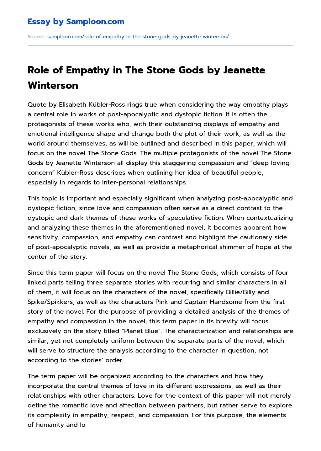 Role of Empathy in The Stone Gods by Jeanette Winterson Summary essay