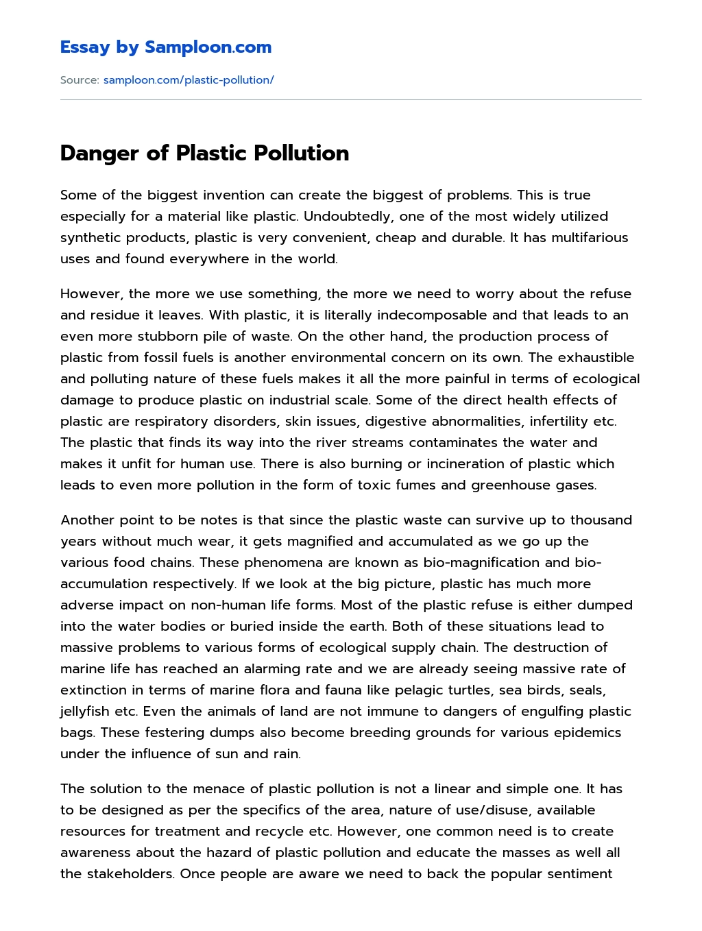 Danger of Plastic Pollution essay