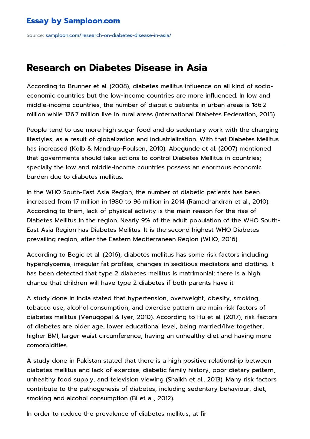 Research on Diabetes Disease in Asia essay