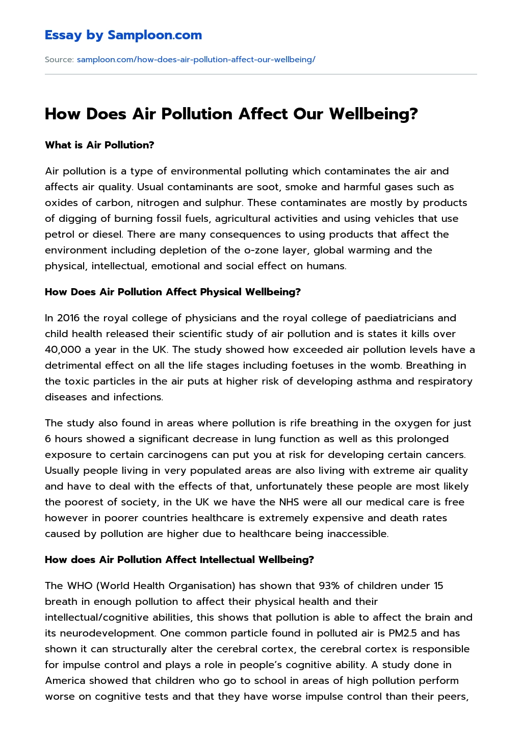 How Does Air Pollution Affect Our Wellbeing? essay