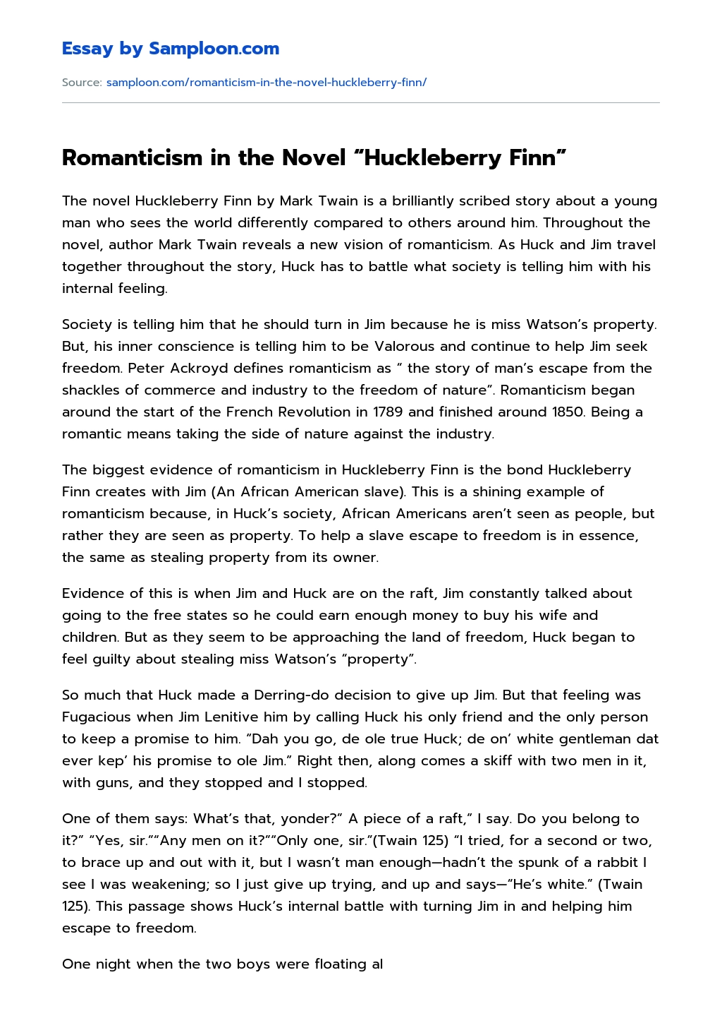 Romanticism in the Novel “Huckleberry Finn” essay