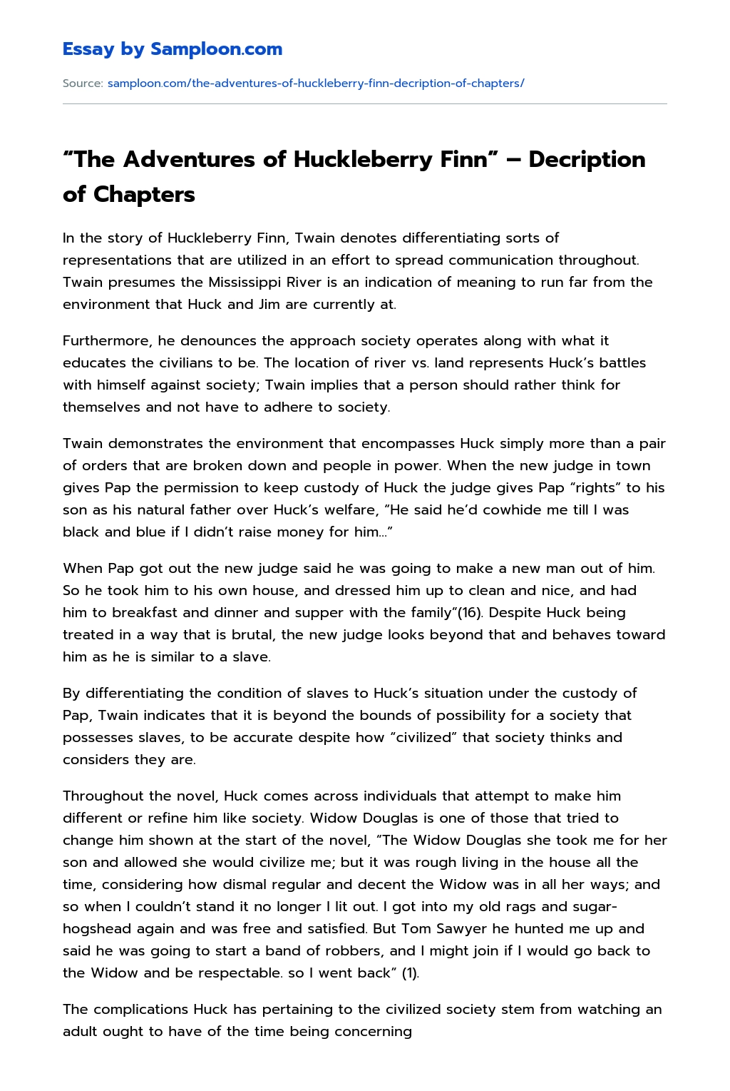 “The Adventures of Huckleberry Finn”. Decription of Chapters essay