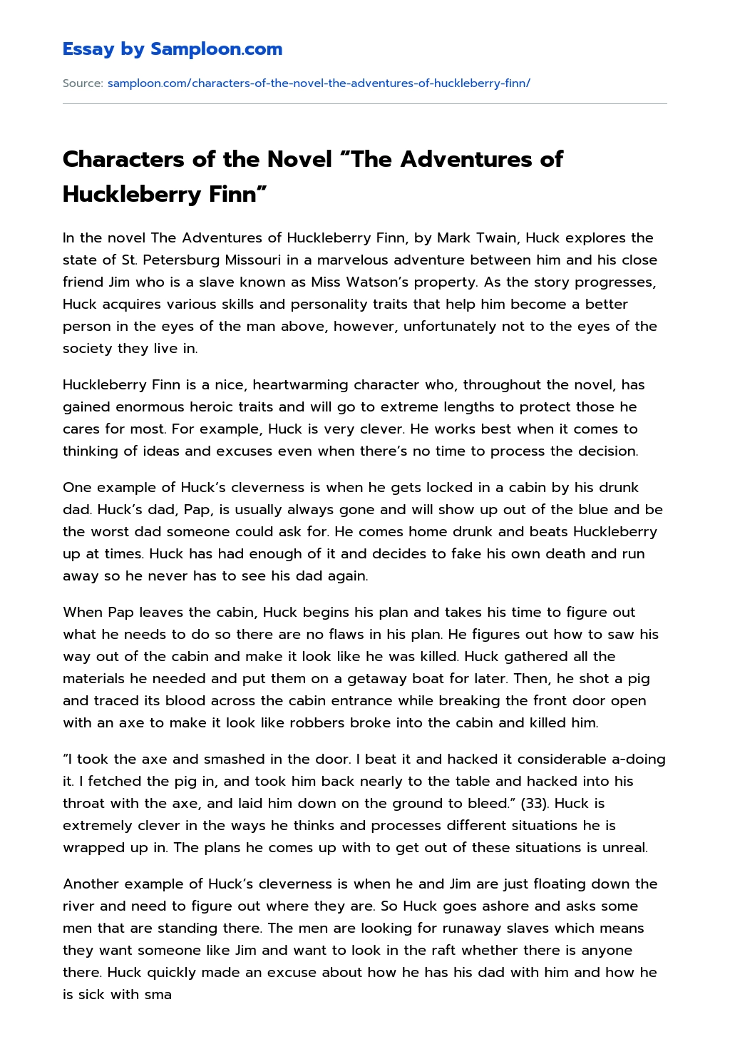 Characters of the Novel “The Adventures of Huckleberry Finn” Analytical Essay essay