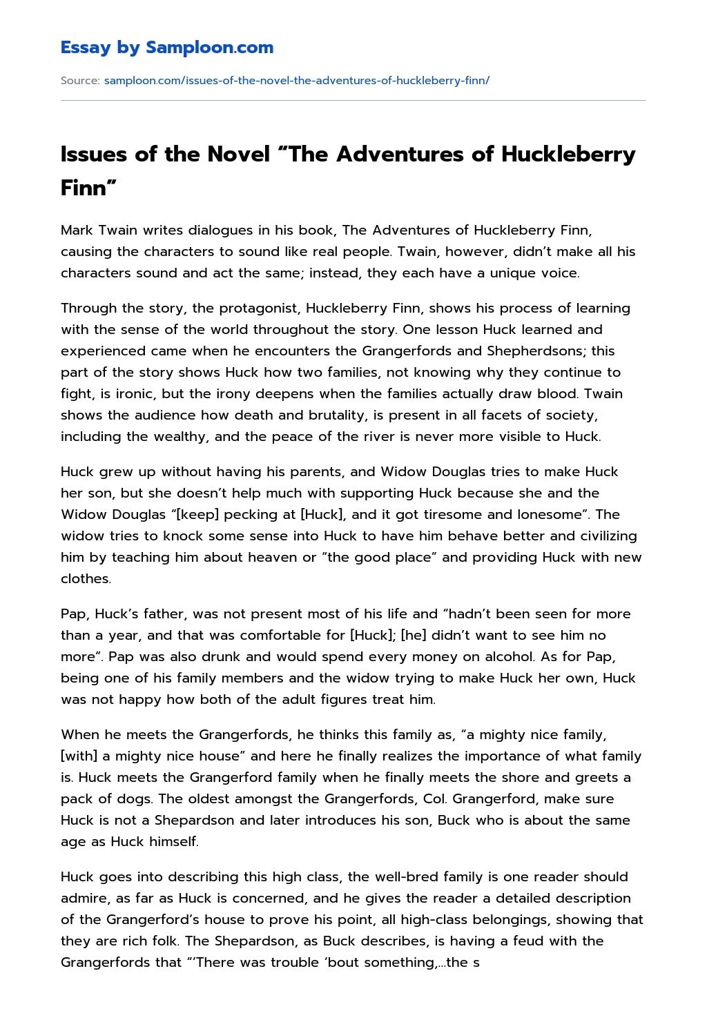 Issues of the Novel “The Adventures of Huckleberry Finn” Summary essay