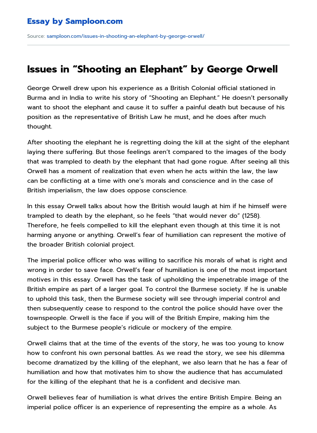 Issues in “Shooting an Elephant” by George Orwell Rhetorical Analysis essay