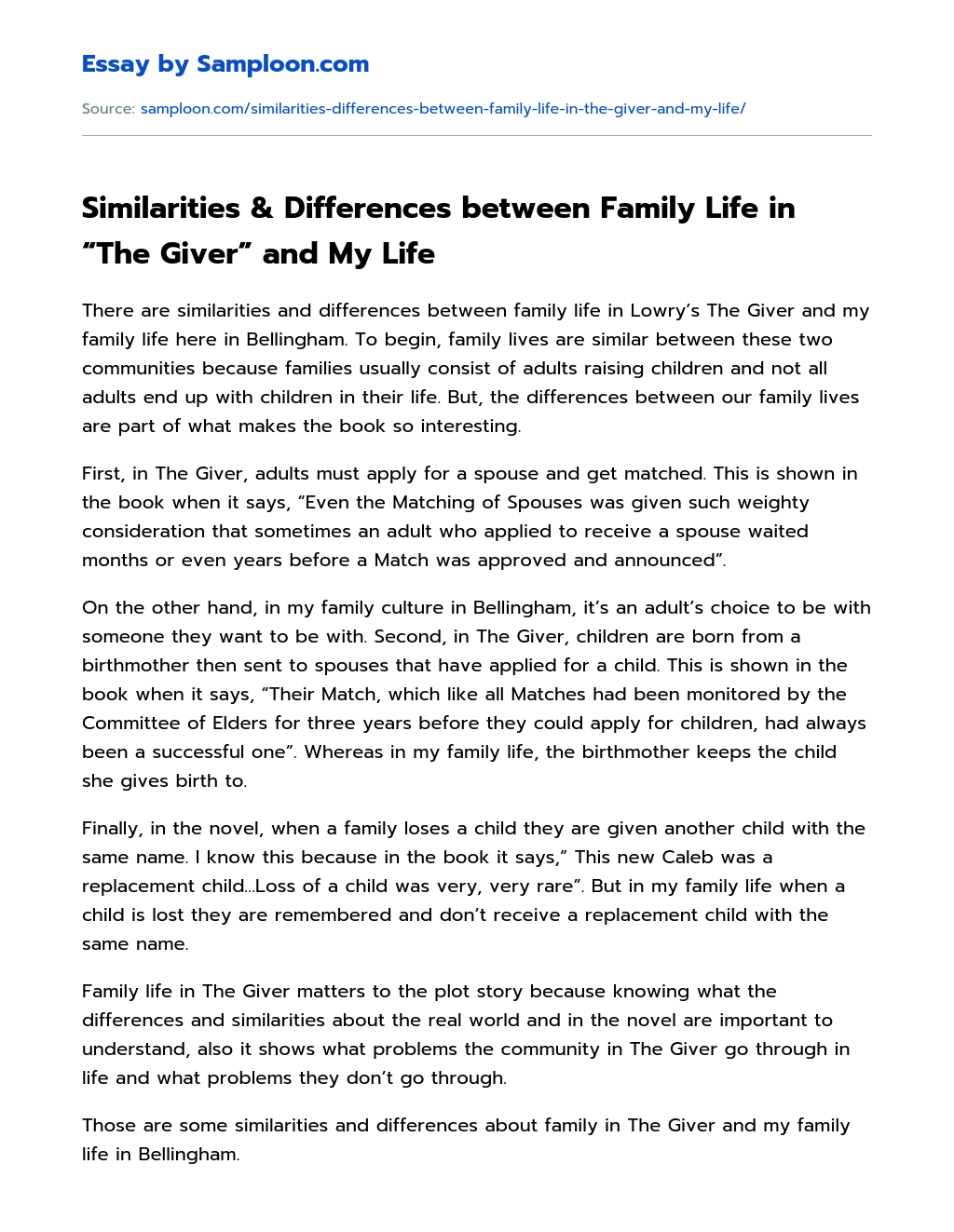 Similarities & Differences between Family Life in “The Giver” and My Life Compare And Contrast essay