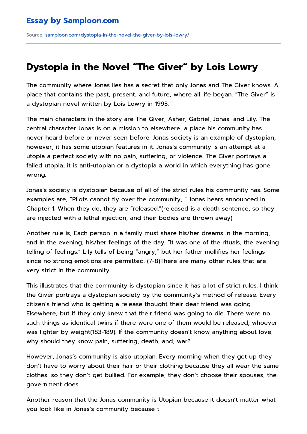 Dystopia in the Novel “The Giver” by Lois Lowry essay