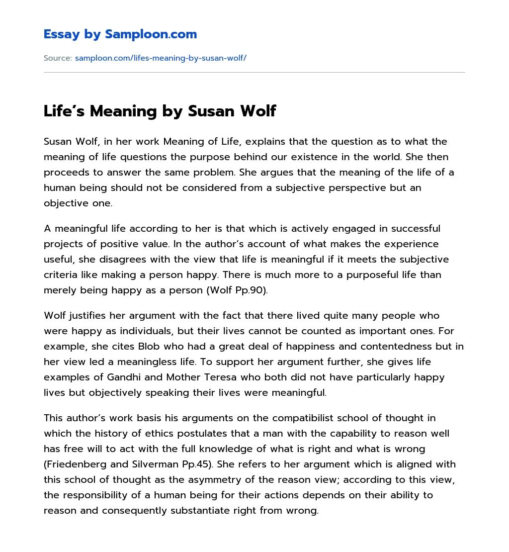 Life’s Meaning by Susan Wolf Argumentative Essay essay