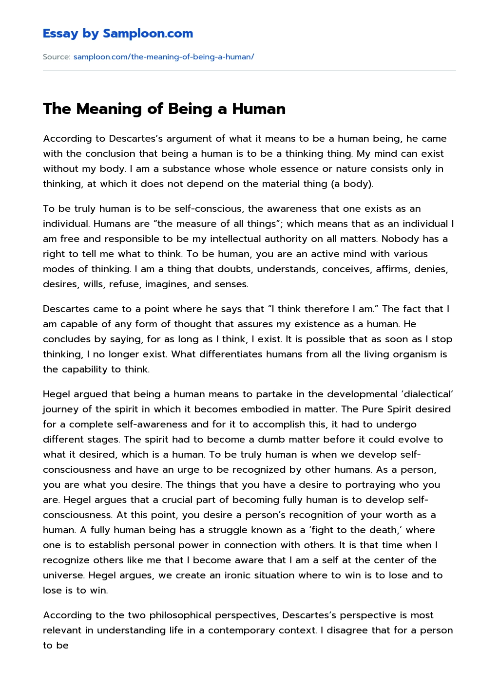 The Meaning of Being a Human essay