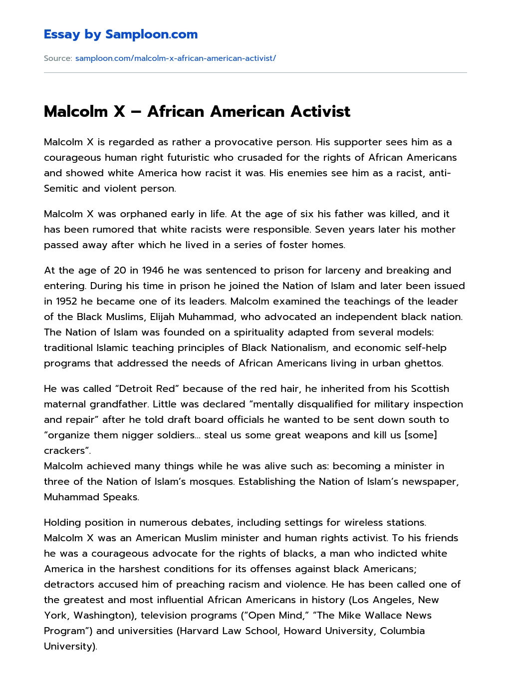 Malcolm X – African American Activist essay