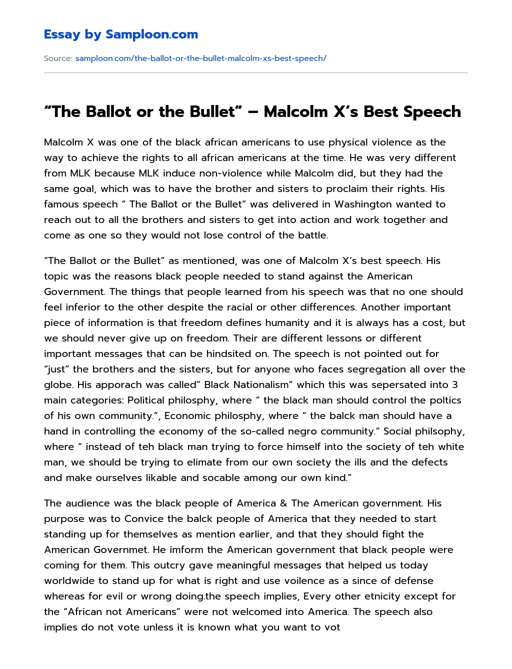 “The Ballot or the Bullet” – Malcolm X’s Best Speech essay