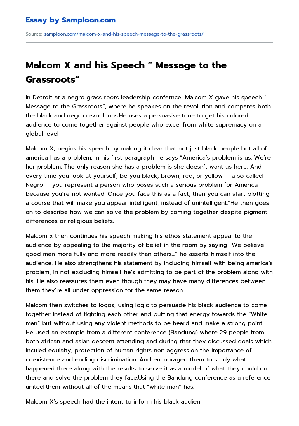Malcom X and his Speech “ Message to the Grassroots” essay