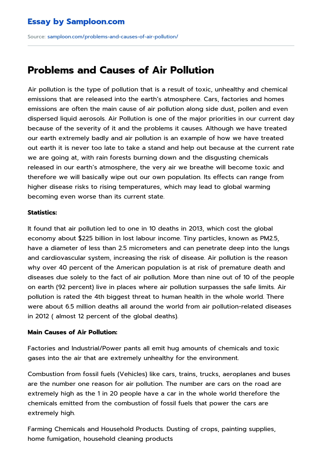 Problems and Causes of Air Pollution essay