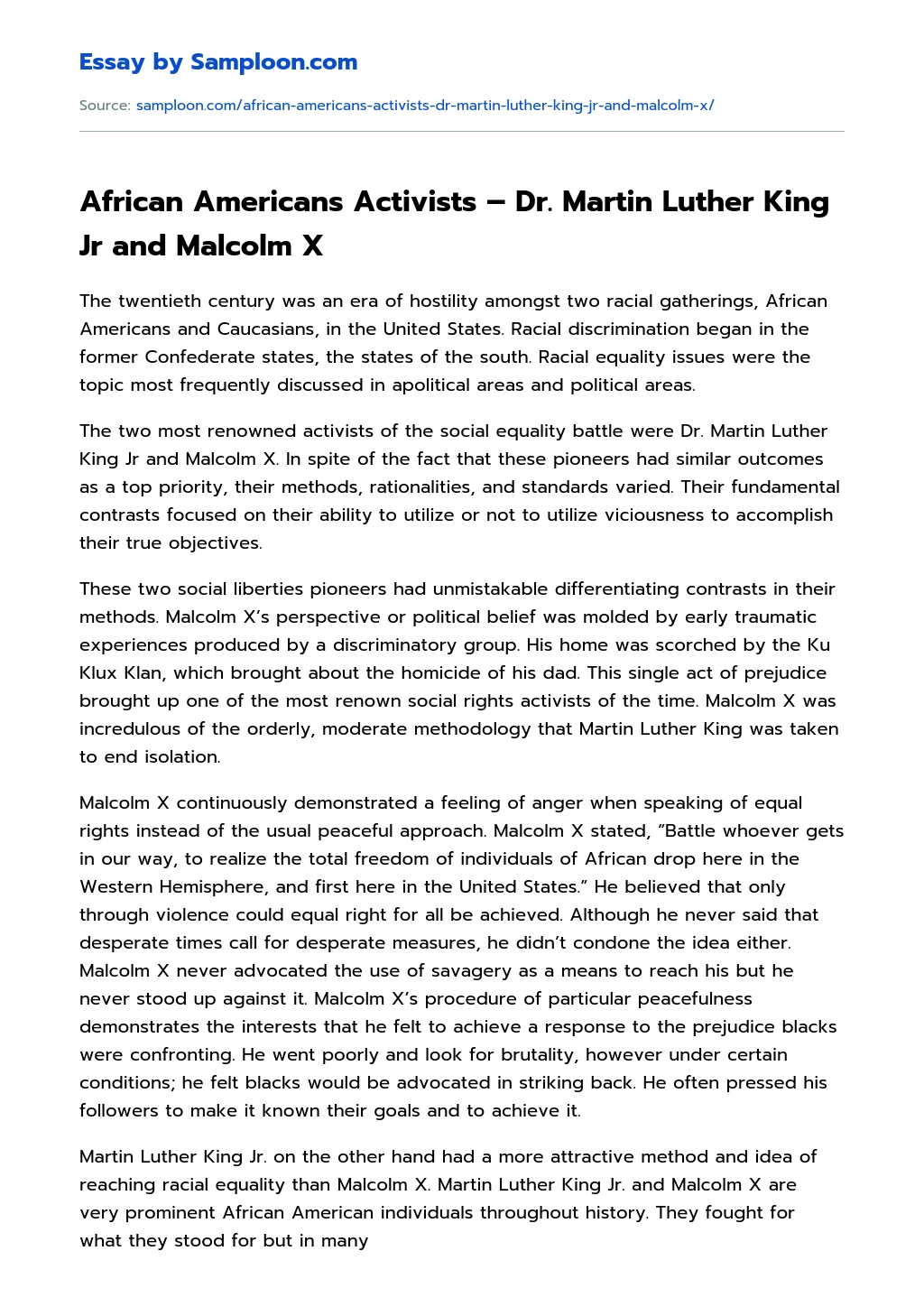 African Americans Activists – Dr. Martin Luther King Jr and Malcolm X essay