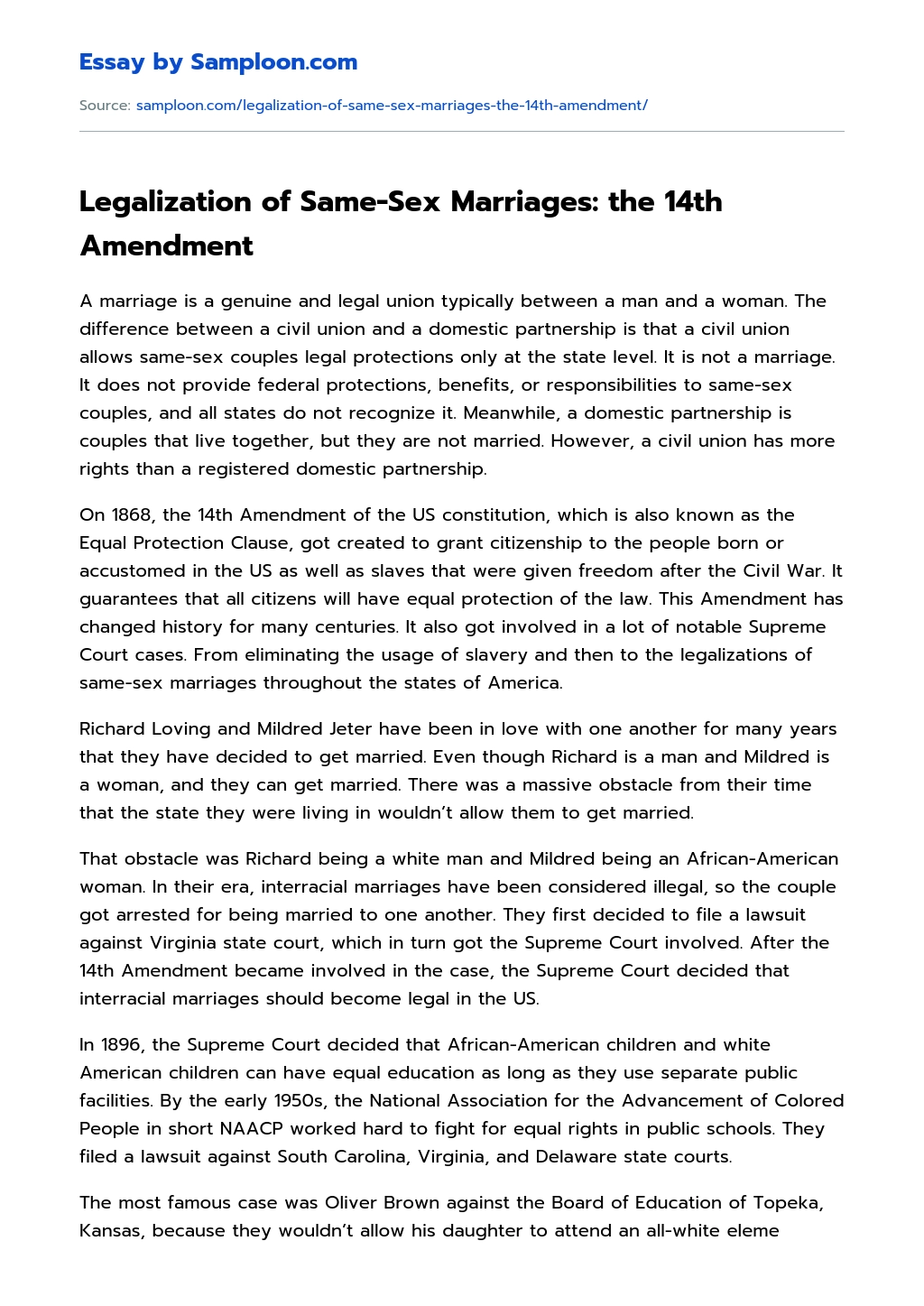 Legalization of Same-Sex Marriages: the 14th Amendment essay