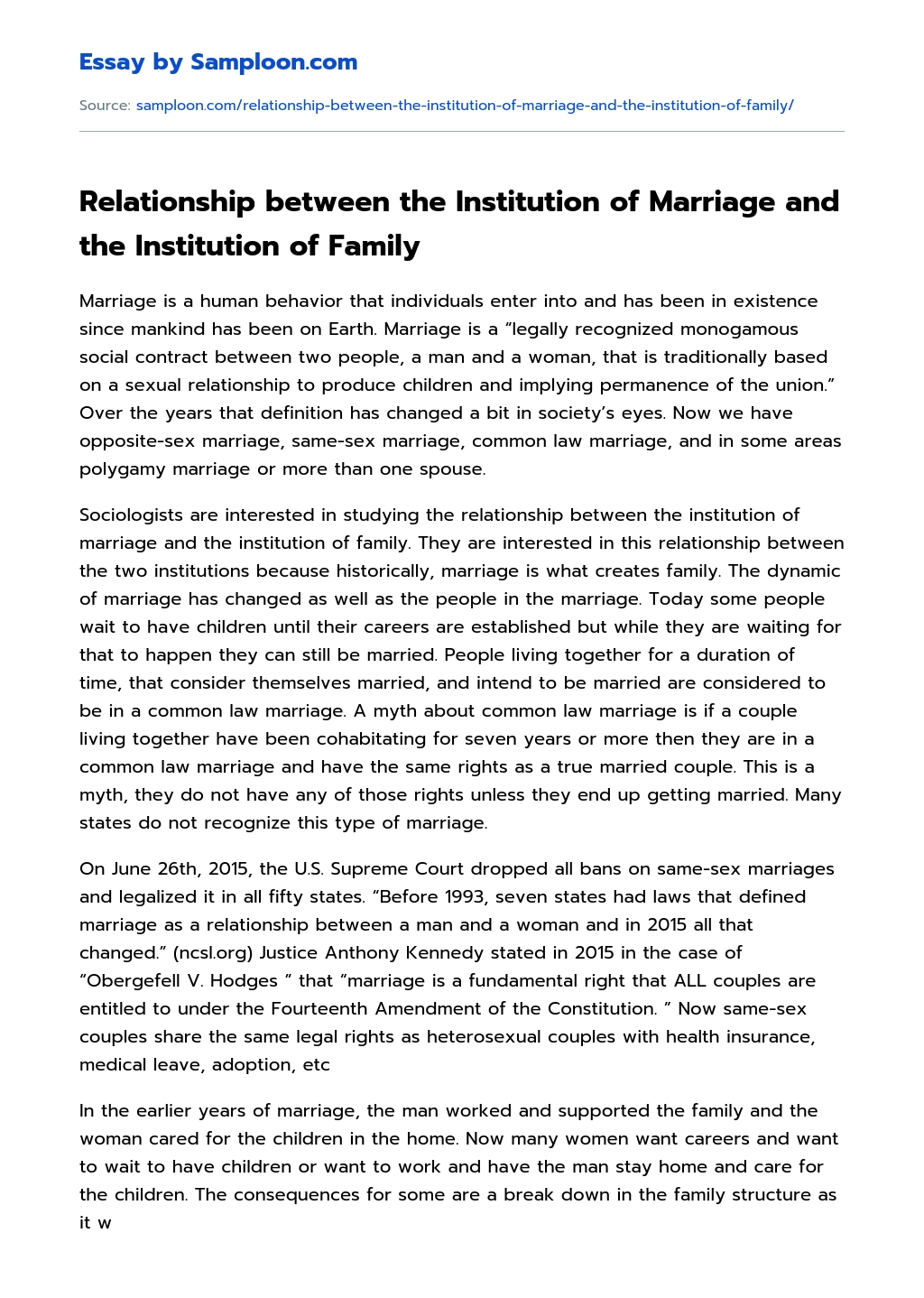Relationship between the Institution of Marriage and the Institution of Family essay
