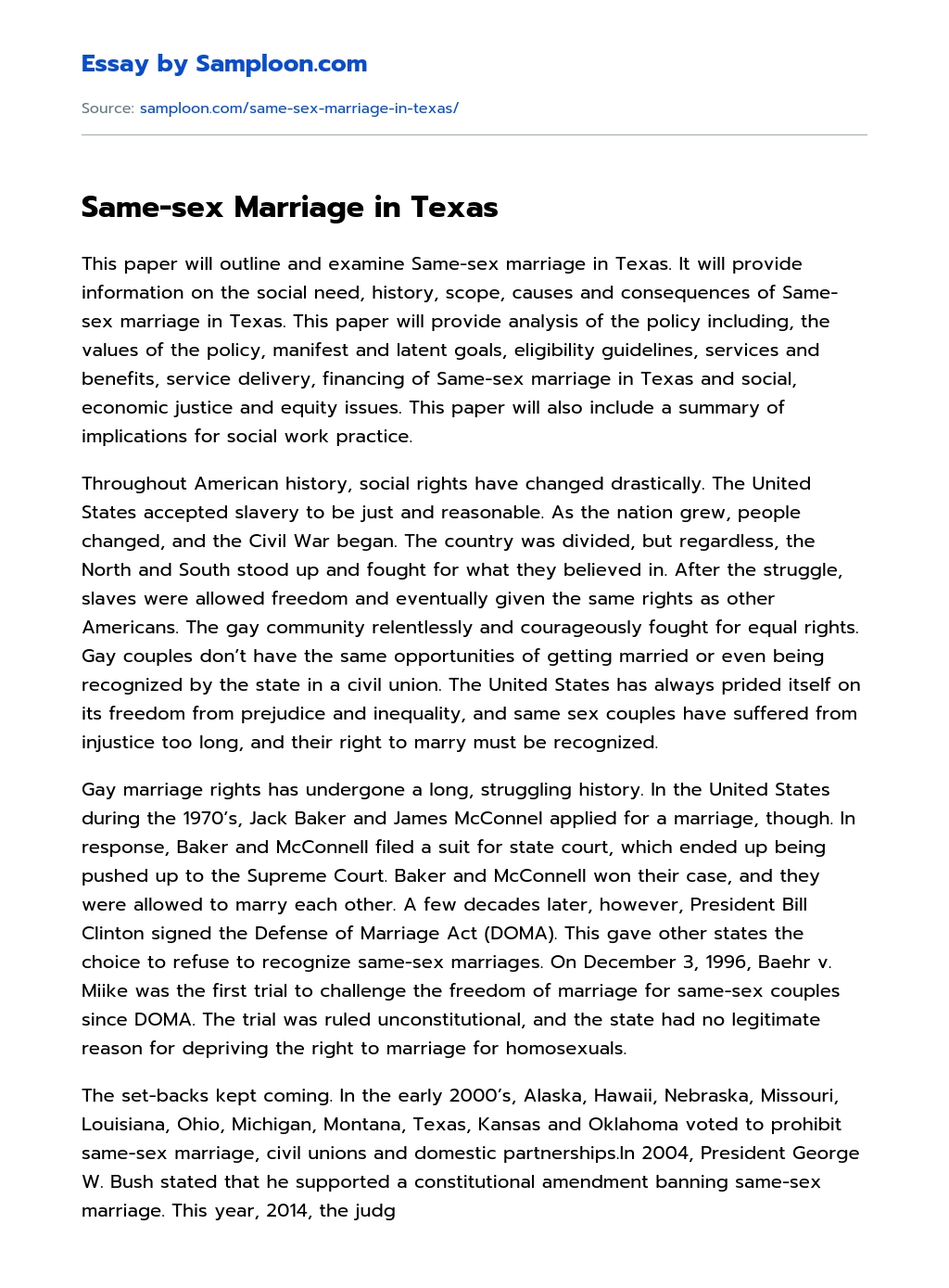Same-sex Marriage in Texas Argumentative Essay essay