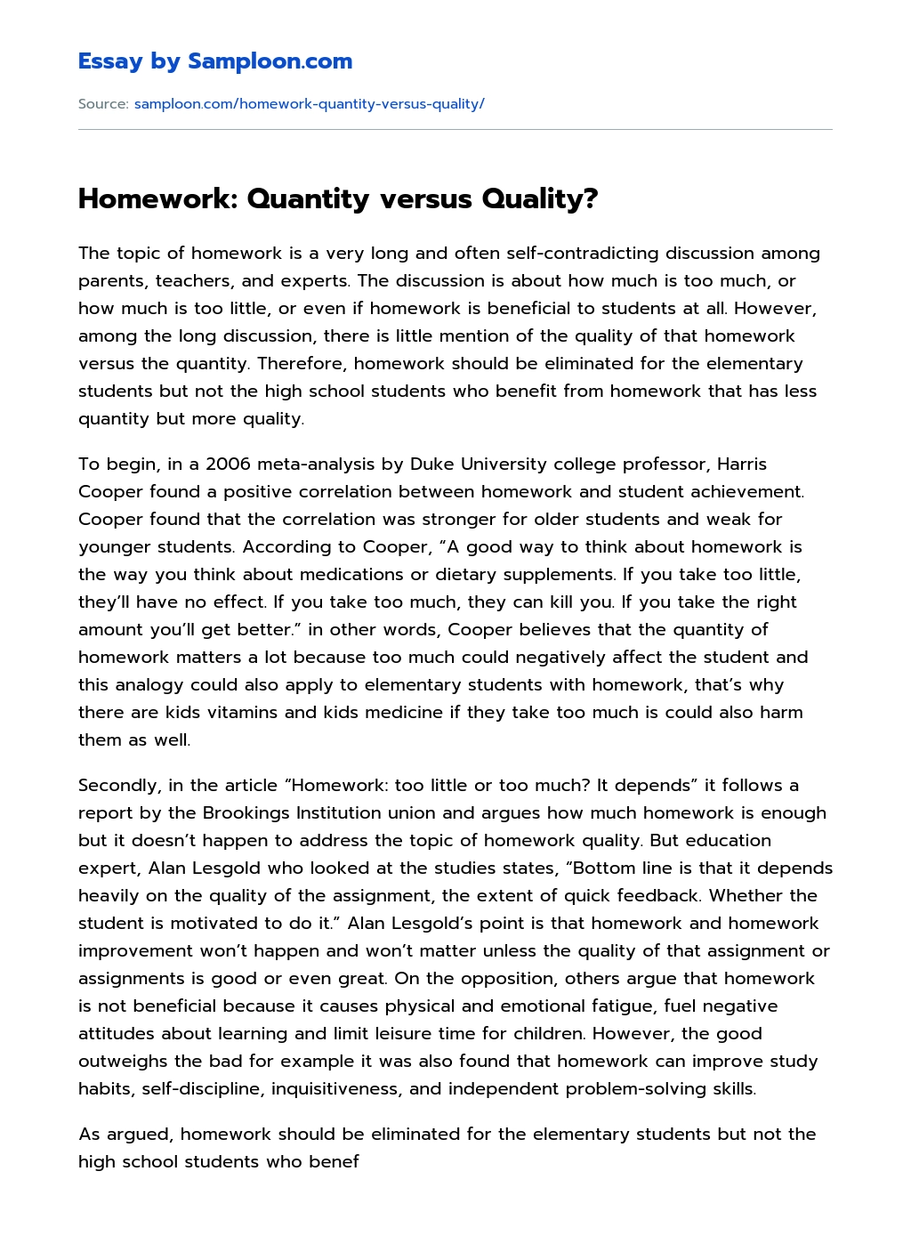 Homework: Quantity versus Quality? essay