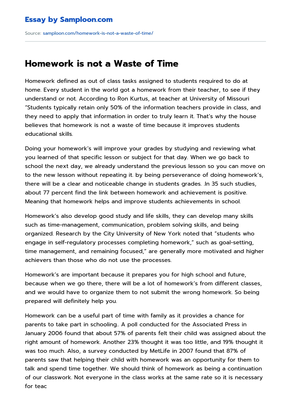 Homework is not a Waste of Time Argumentative Essay essay