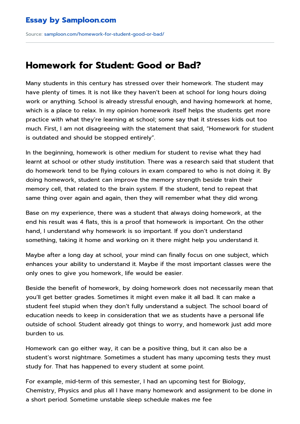 Homework for Student: Good or Bad? Argumentative Essay essay