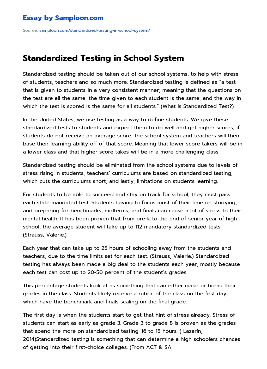 Standardized Testing in School System Argumentative Essay essay