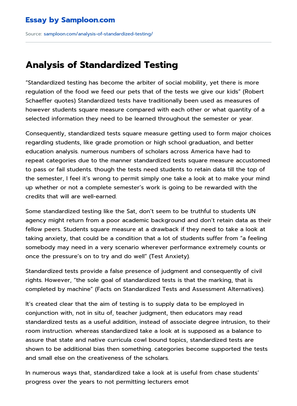 Analysis of Standardized Testing essay