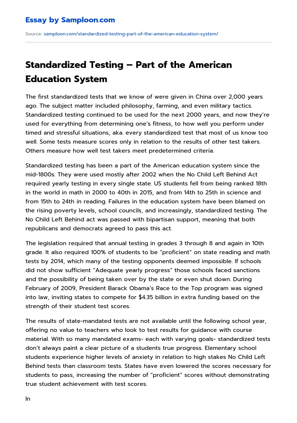 Standardized Testing – Part of the American Education System essay