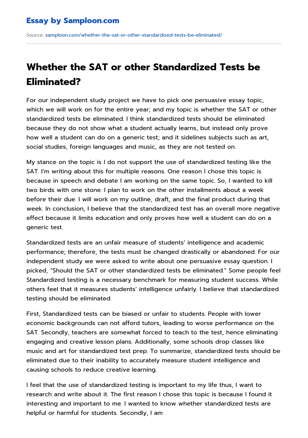 Whether the SAT or other Standardized Tests be Eliminated? essay