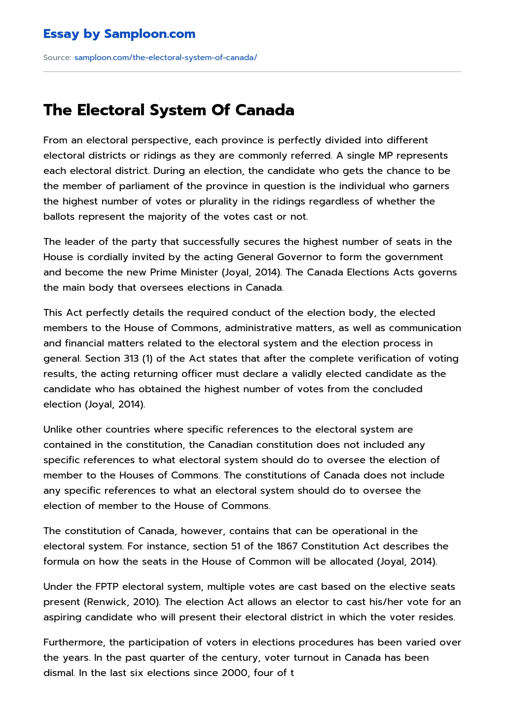 The Electoral System Of Canada essay