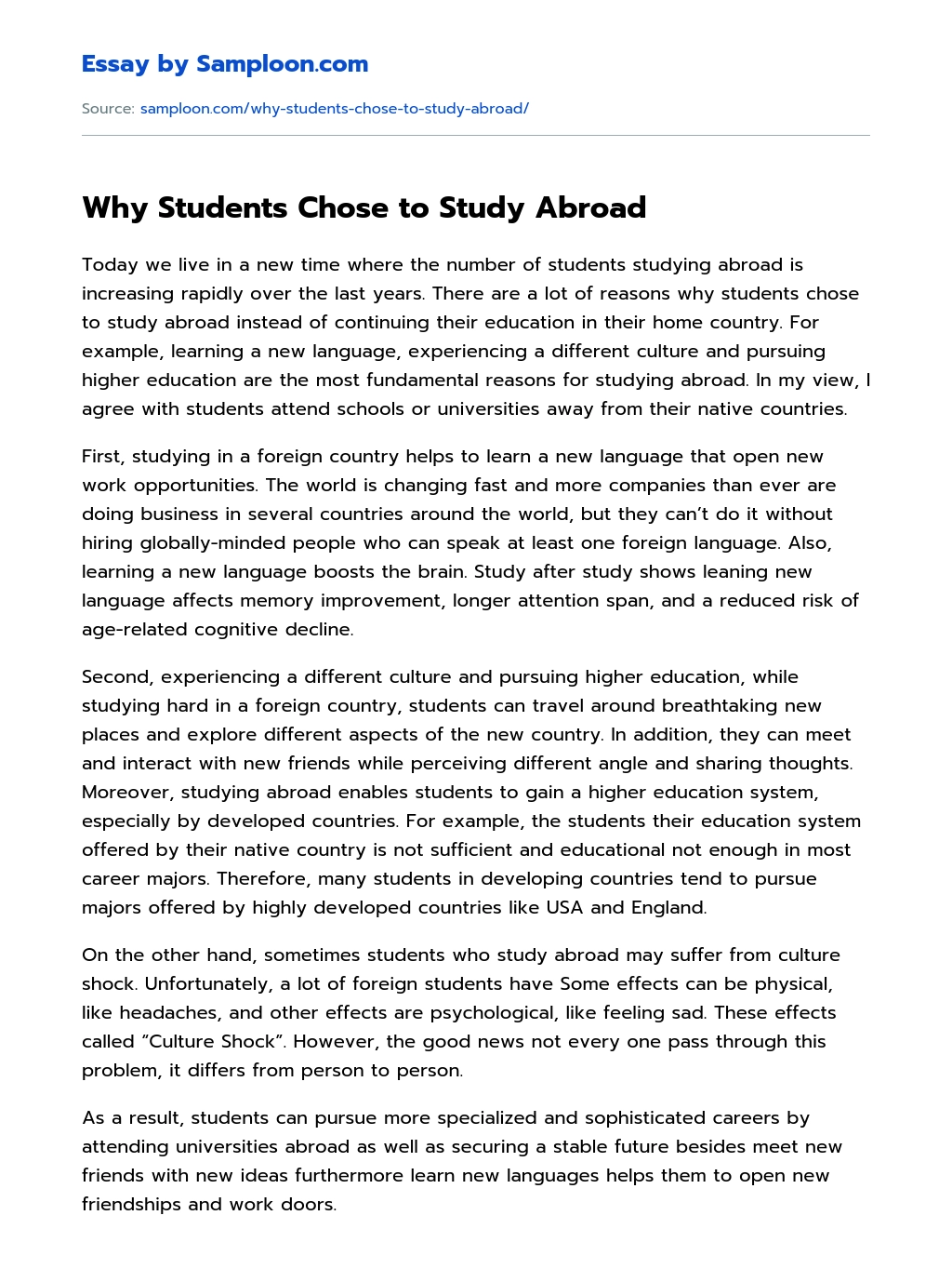Why Students Chose to Study Abroad essay