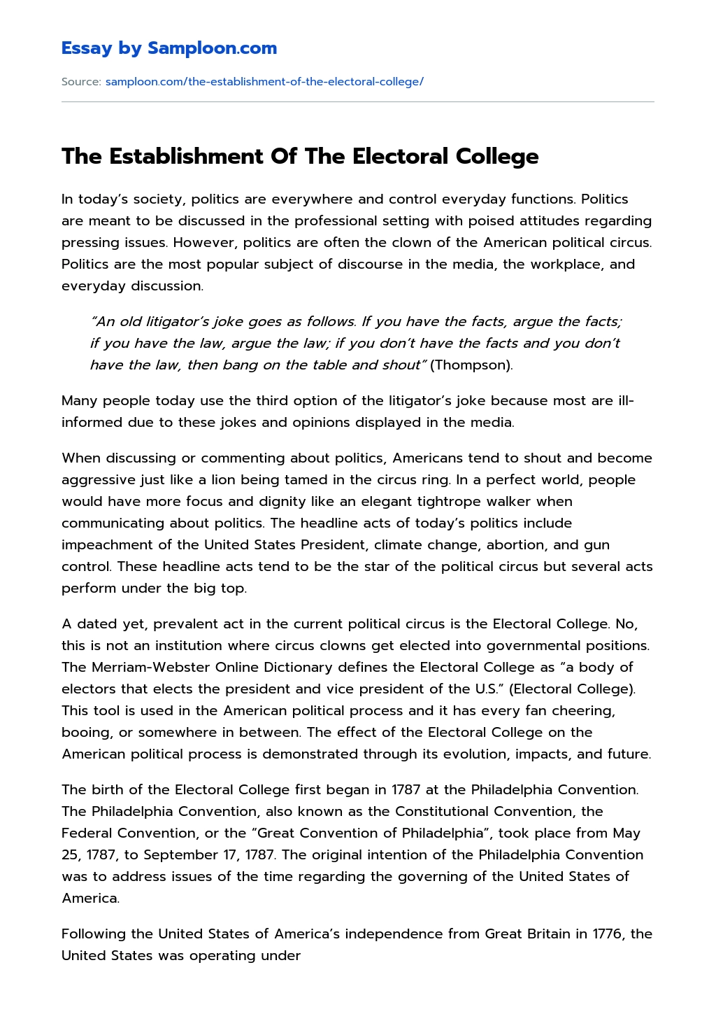 The Establishment Of The Electoral College essay