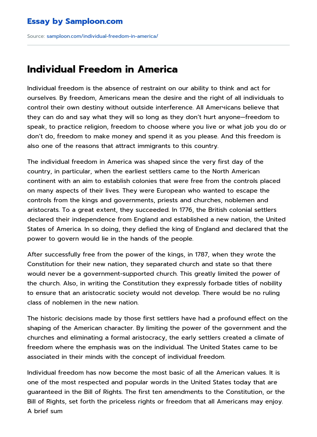 Individual Freedom in America Personal Essay essay