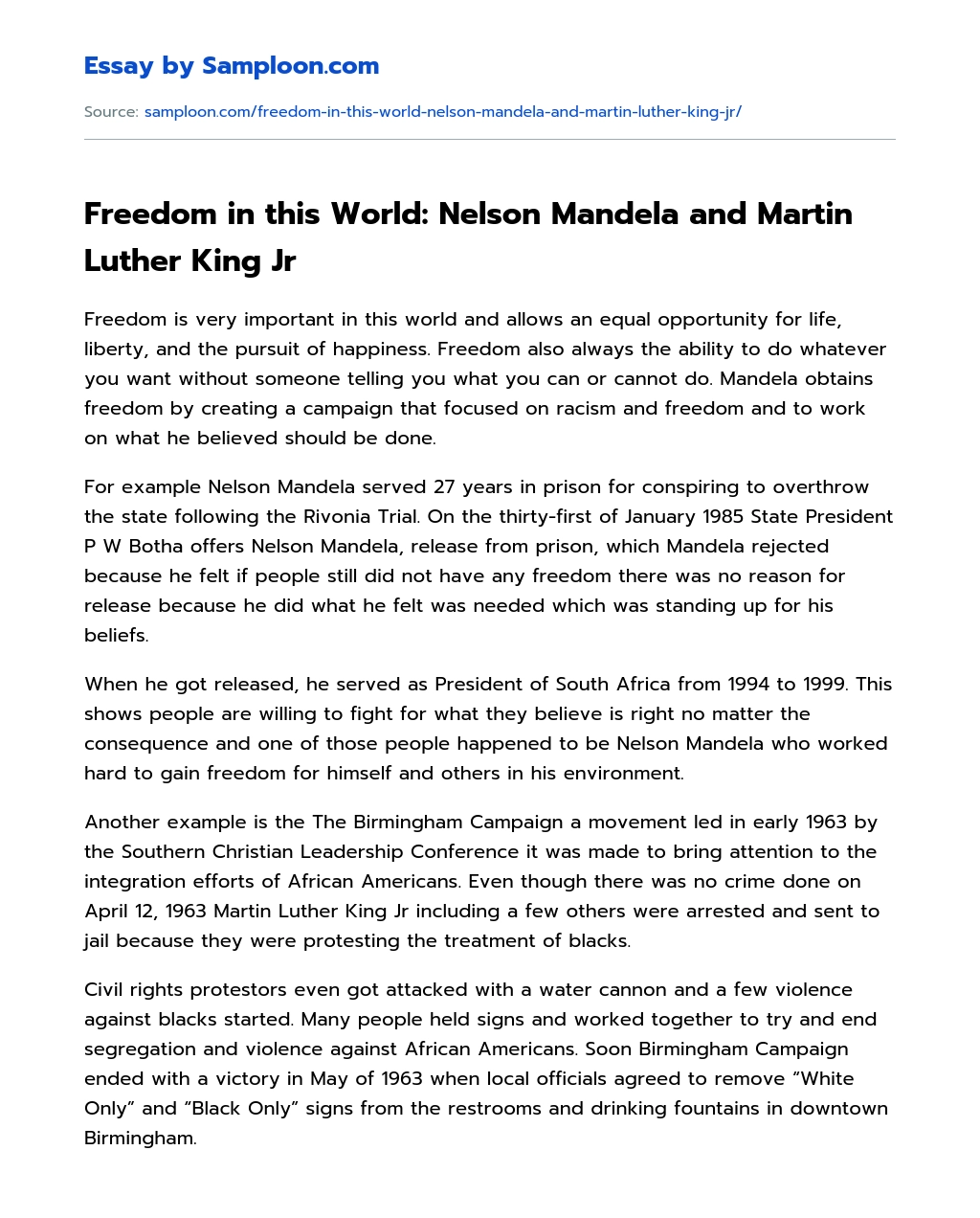 Freedom in this World: Nelson Mandela and Martin Luther King Jr essay