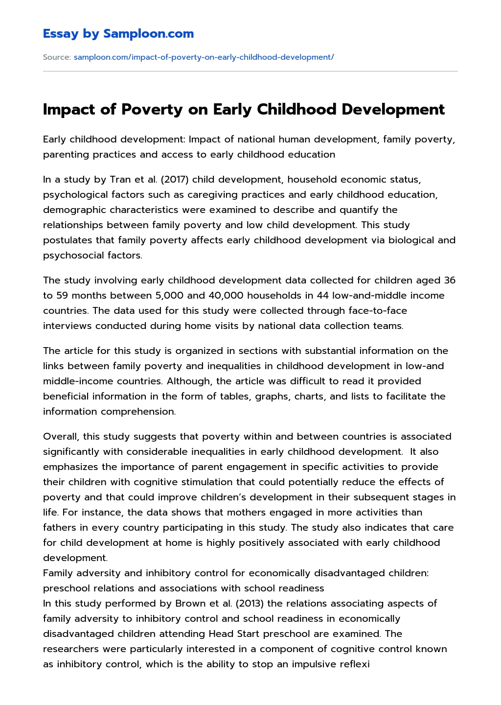 Impact of Poverty on Early Childhood Development  essay
