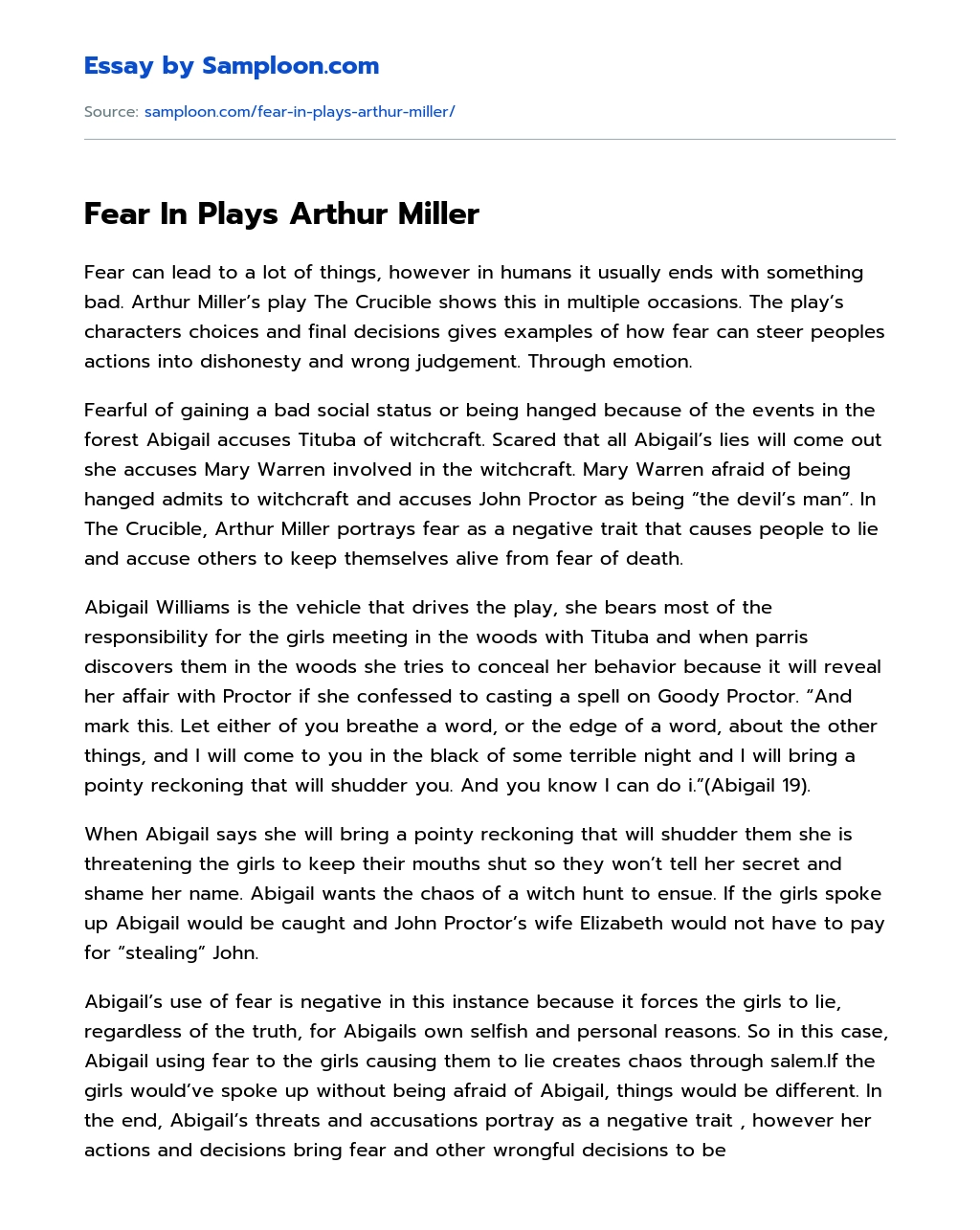 Fear In Plays Arthur Miller Narrative Essay essay