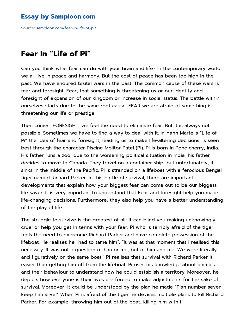 Fear In “Life of Pi” Analytical Essay essay