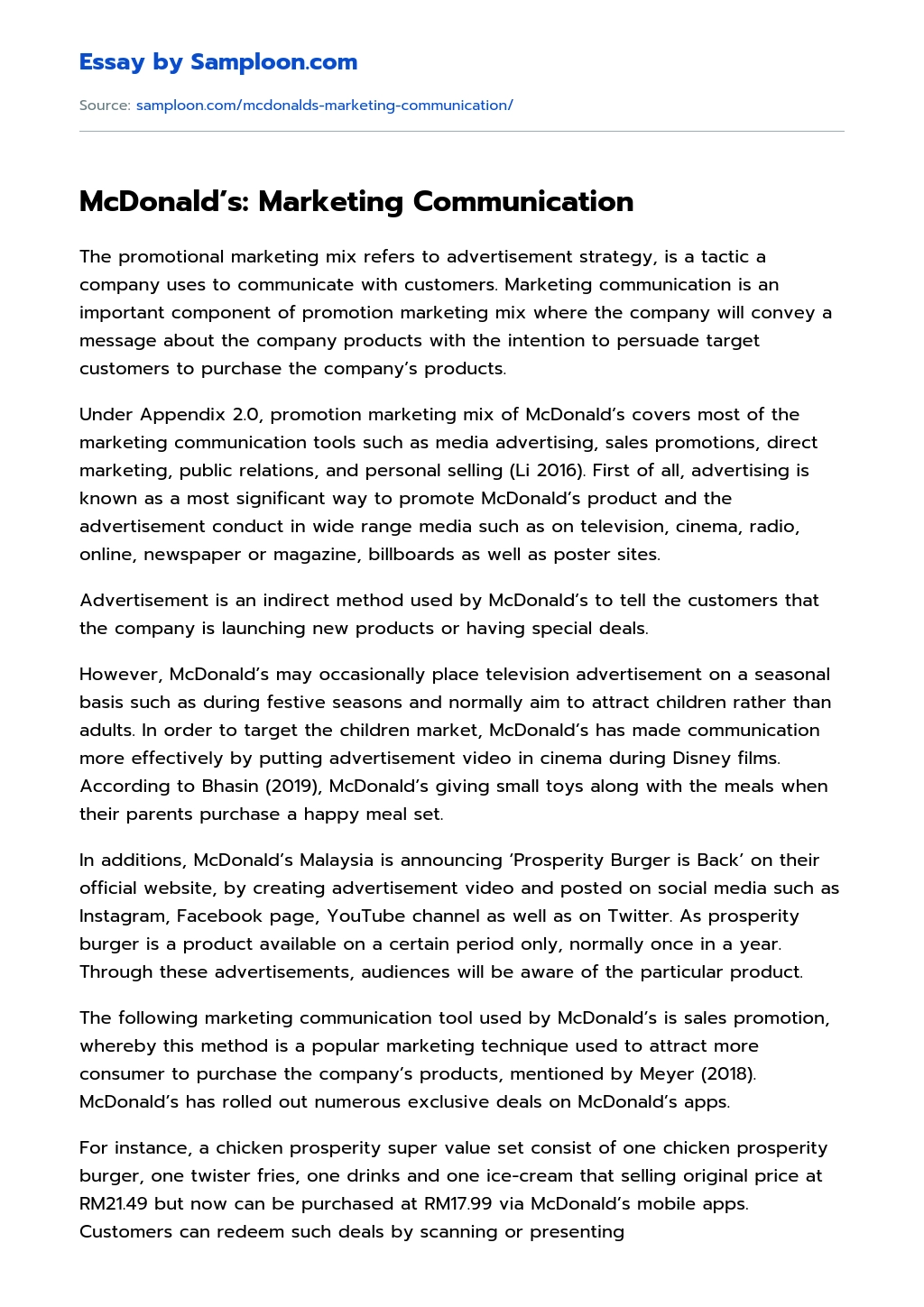 McDonald’s: Marketing Communication Analytical Essay essay