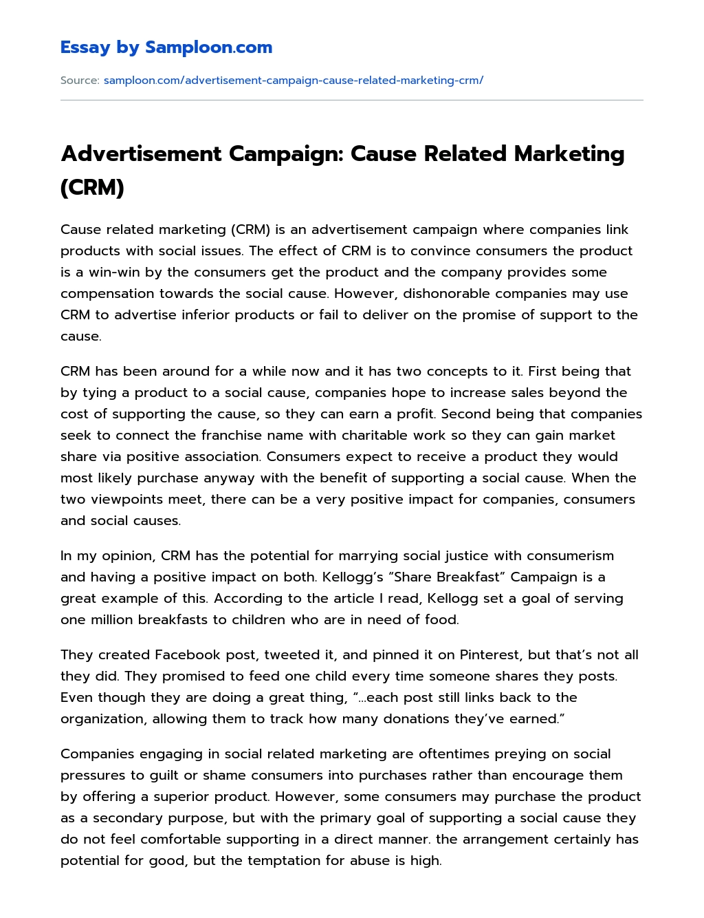 Advertisement Campaign: Cause Related Marketing (CRM) essay