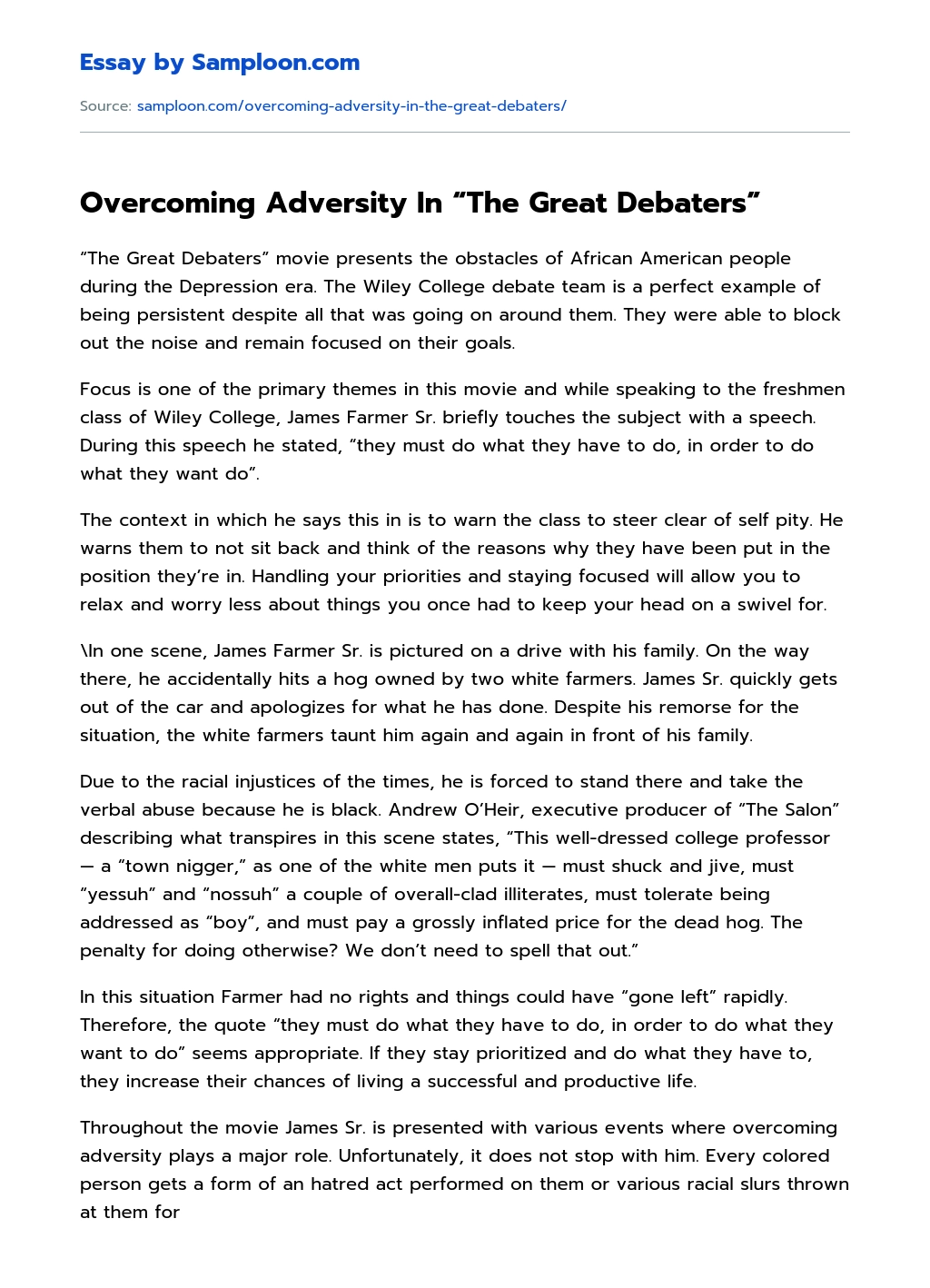 Overcoming Adversity In “The Great Debaters” Character Analysis essay