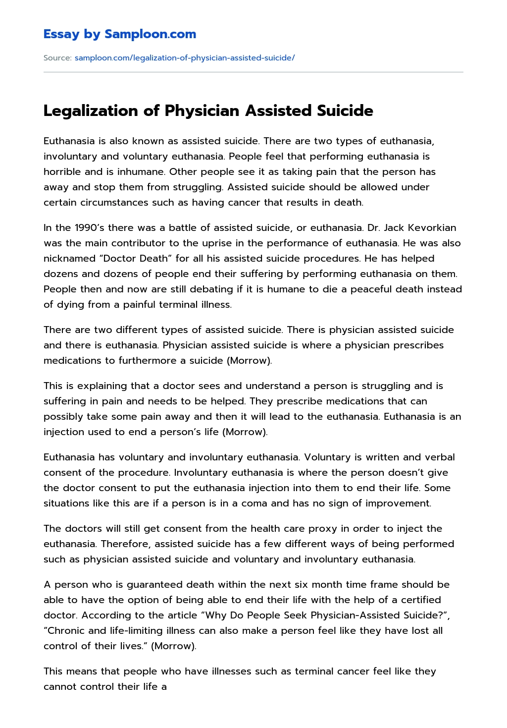 Legalization of Physician Assisted Suicide essay